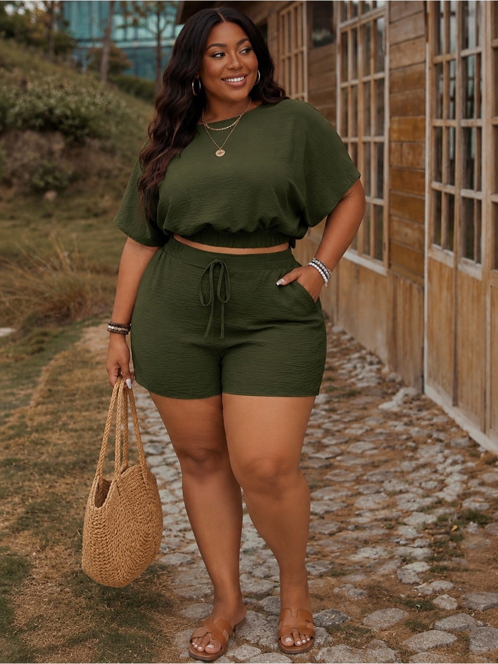 SHEIN Curve Olive Green Relaxed Shorts with Crop Top